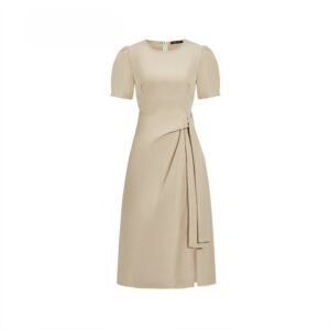 Elegant Plain Short Sleeveless Pleated Dress - Khaki