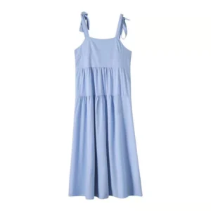 Lake-blue Bow Slip Dress Summer Lace-up Mid Length Dress