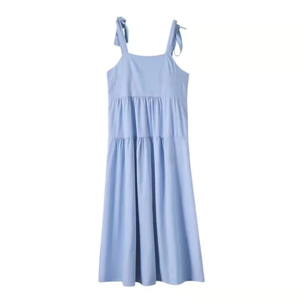 Lake-blue Bow Slip Dress Summer Lace-up Mid Length Dress