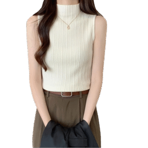 Korean Style Women Fashion Slim High Neck Knitted Tops Sleeveless Solid Color Turtleneck Tops freesize (30-60kg)