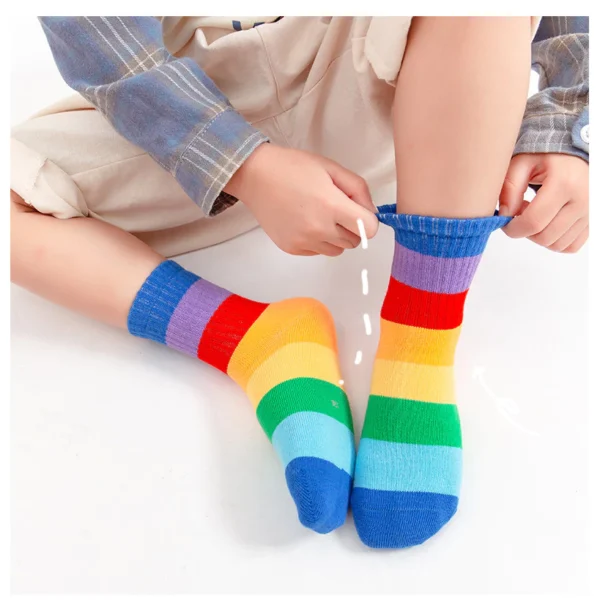Children Rainbow Cotton Sports Socks Boys Girls Striped Mid-Tube Socks